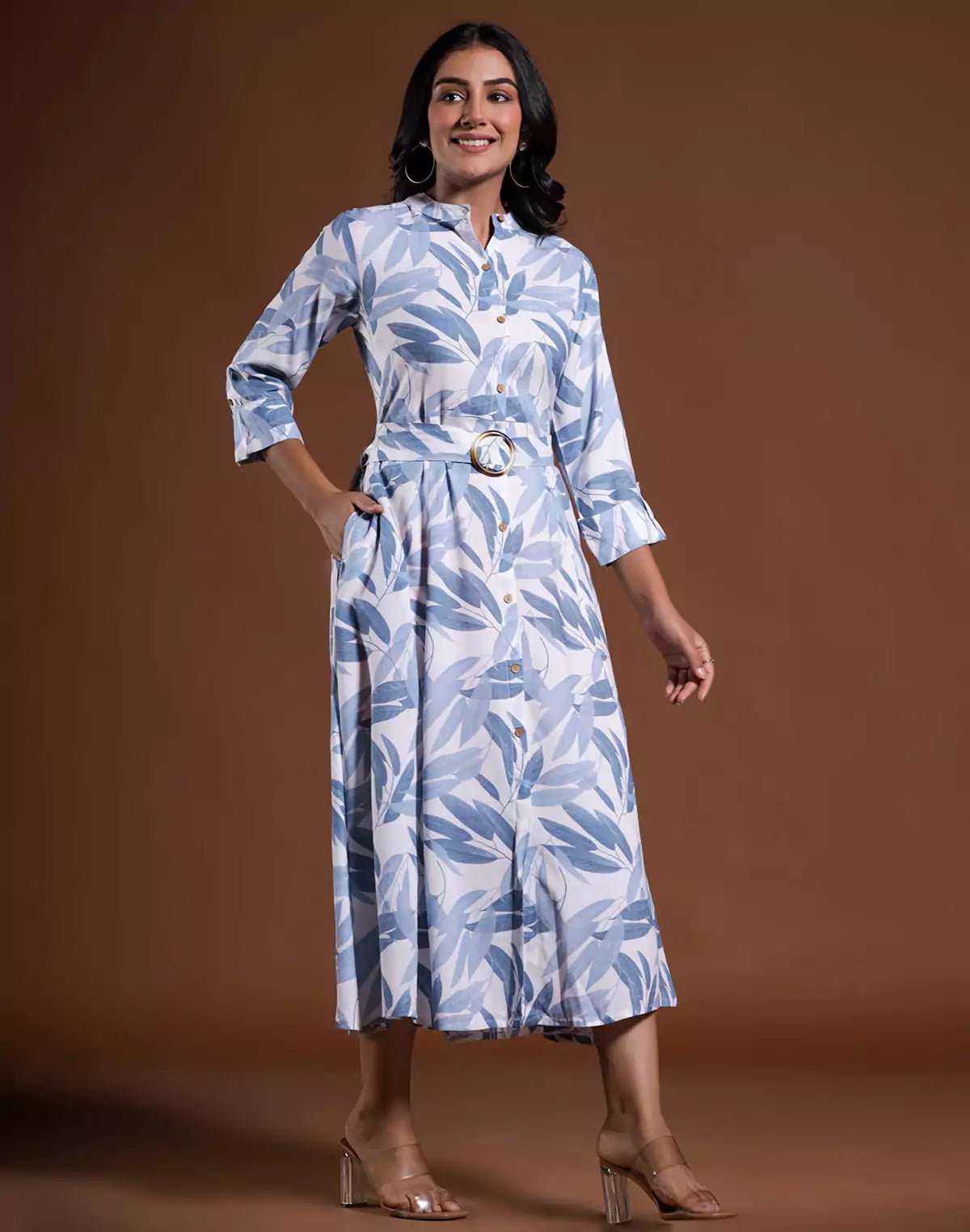 Image of Light Blue Cotton Silk Botanical Print Kurti With Belt - South India Shopping Mall