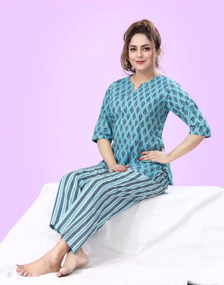 Image of Light Blue Floral Cotton Printed Night Suit - South India Shopping Mall