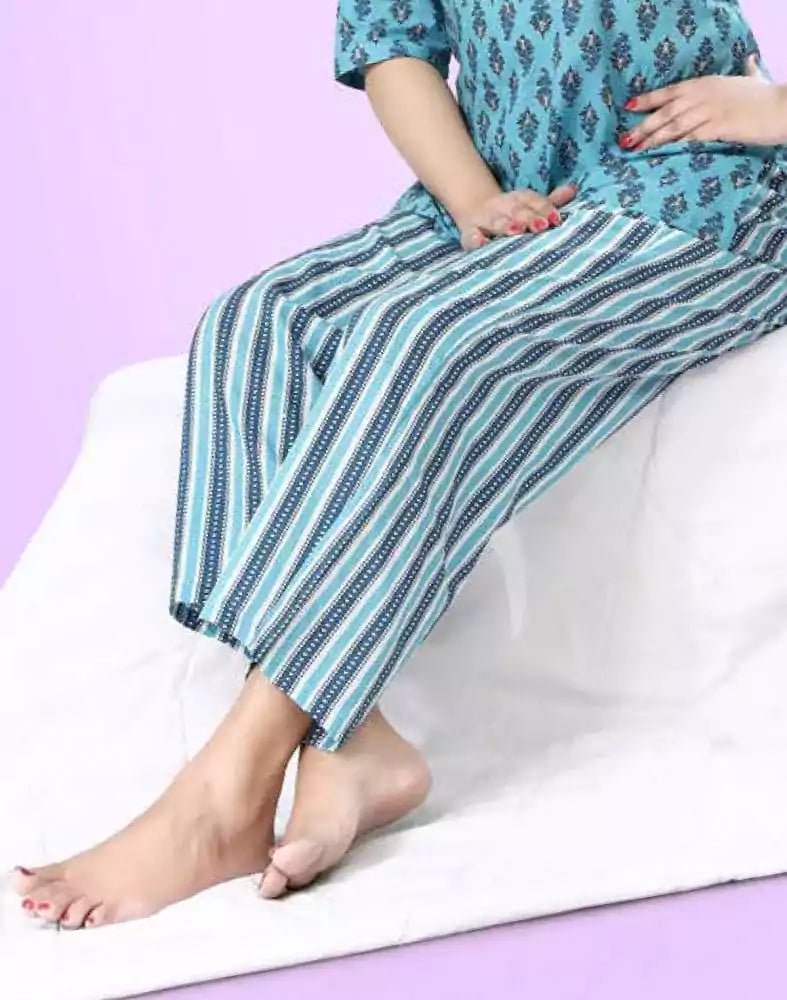 Image of Light Blue Floral Cotton Printed Night Suit - South India Shopping Mall