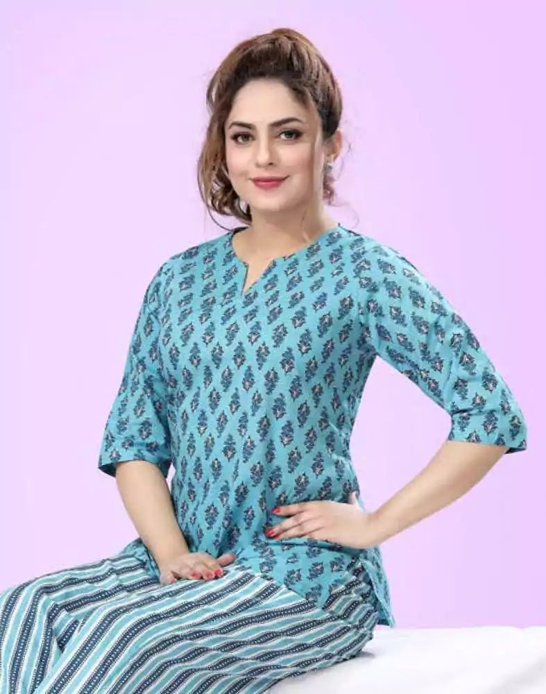 Image of Light Blue Floral Cotton Printed Night Suit - South India Shopping Mall