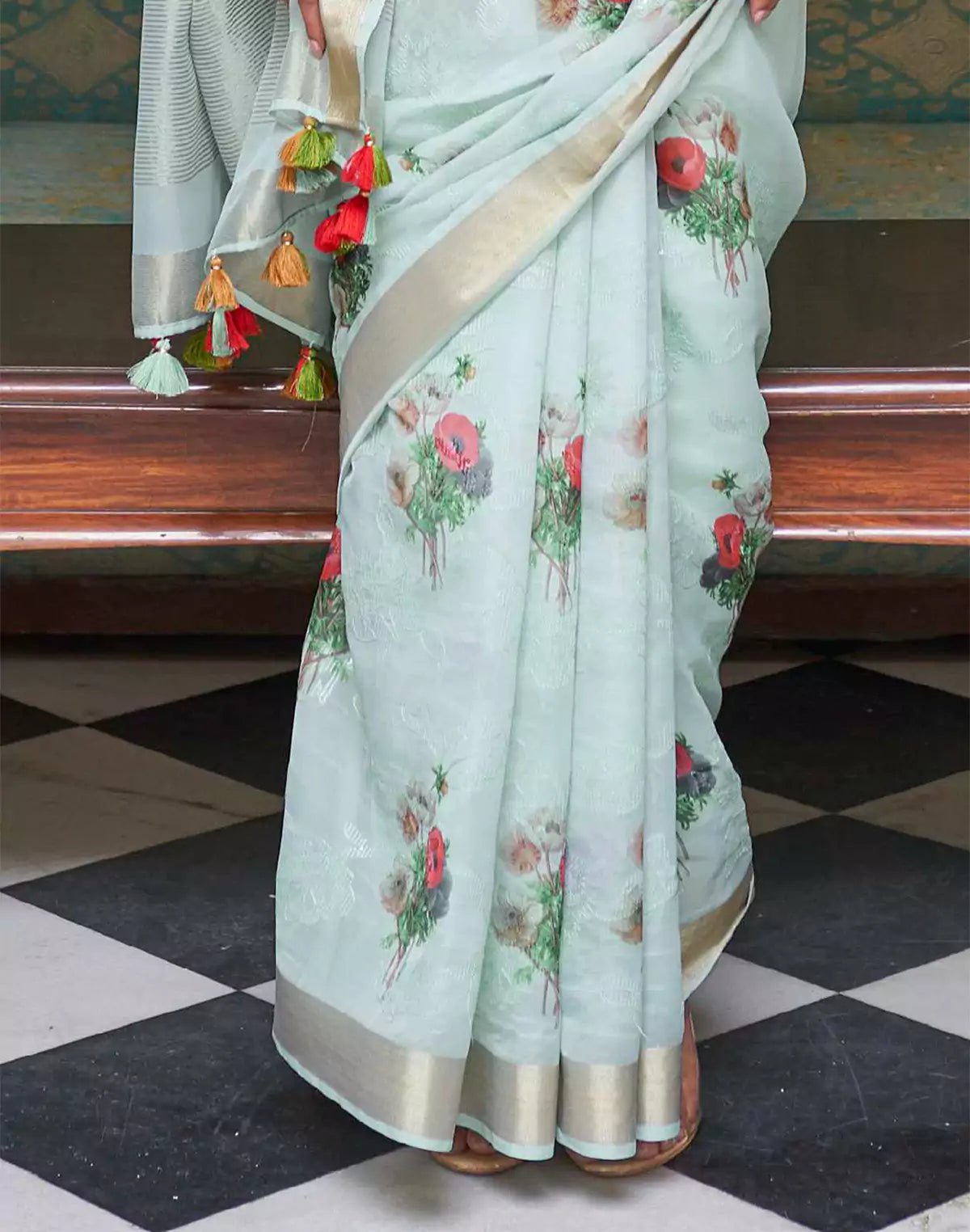 Image of Light Blue Floral Print Organza Saree and Green Colored Blouse - South India Shopping Mall