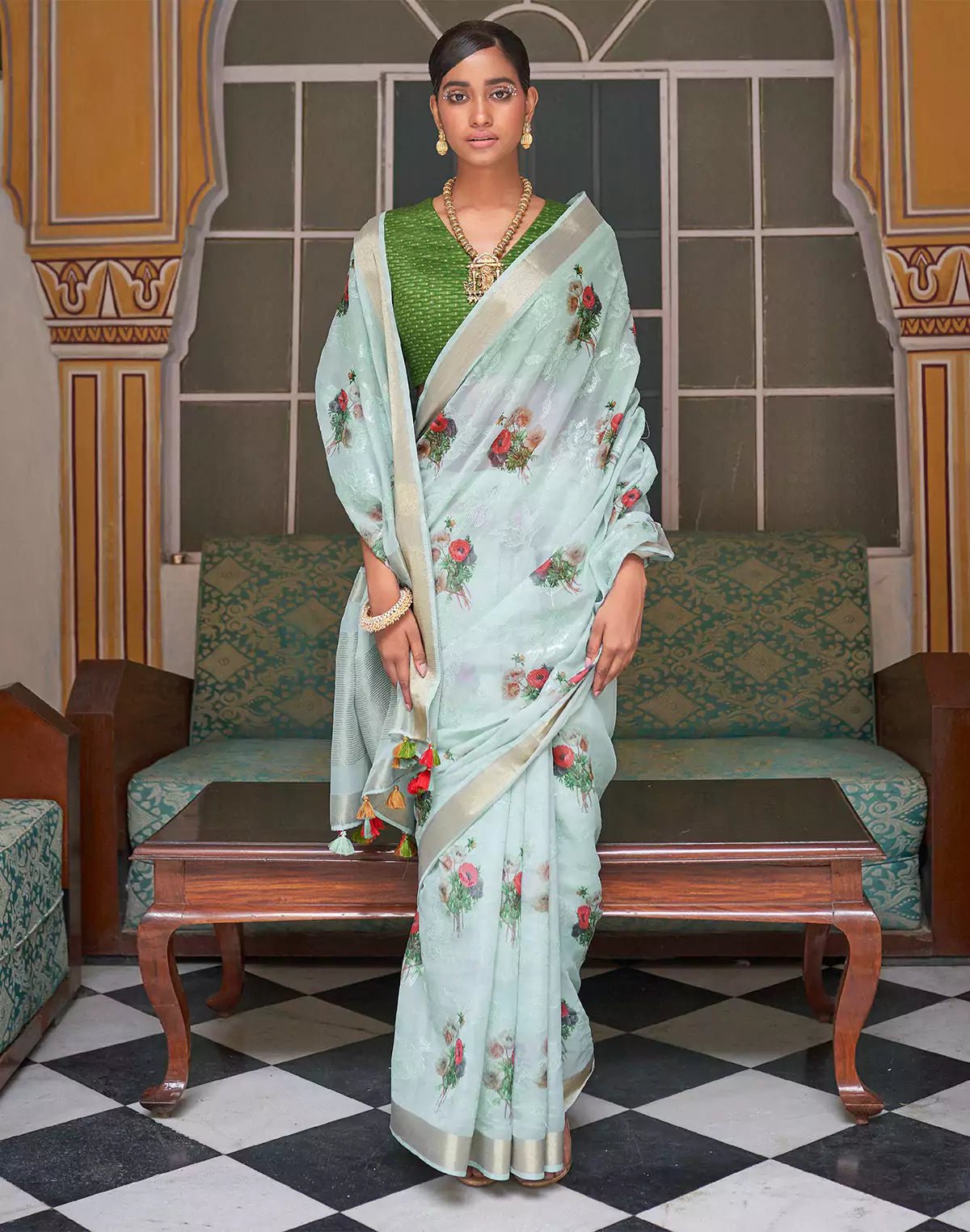 Light Blue Floral Print Organza Saree and Green Colored Blouse - South India Shopping Mall