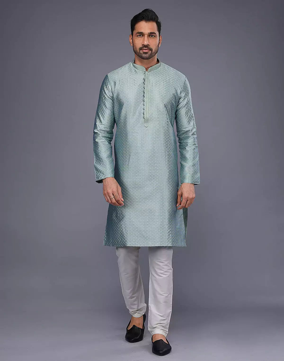 Image of Light Blue Jacquard Geometric Design Thread Work Kurta Set - South India Shopping Mall