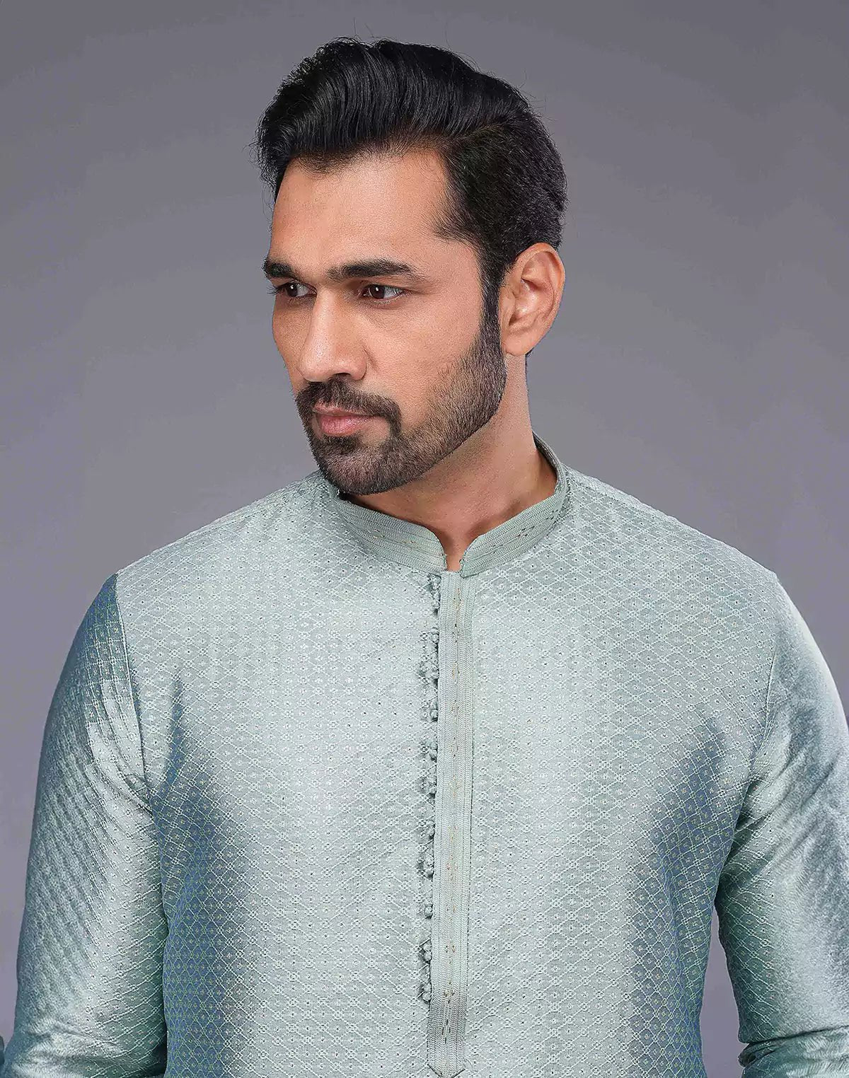 Image of Light Blue Jacquard Geometric Design Thread Work Kurta Set - South India Shopping Mall