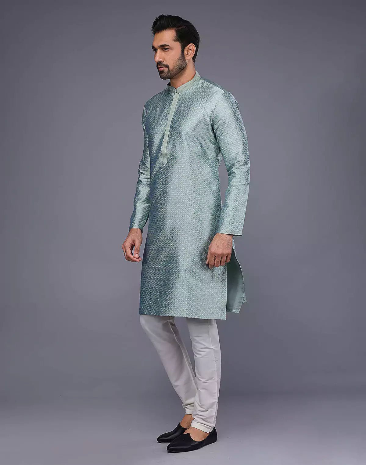 Image of Light Blue Jacquard Geometric Design Thread Work Kurta Set - South India Shopping Mall