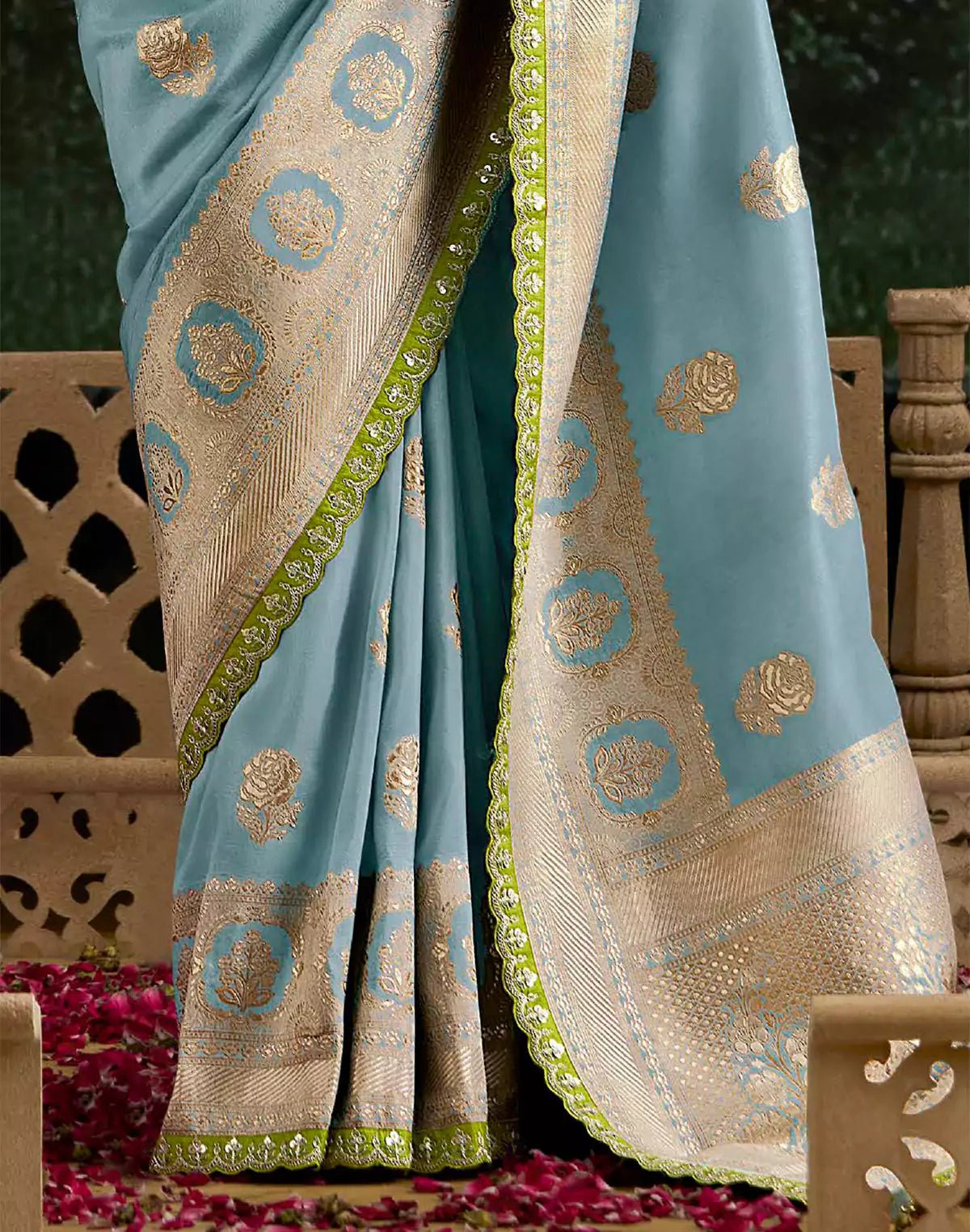 Image of Light Blue Pure Dola Silk Lace Border Saree With Contrast Work Blouse - South India Shopping Mall