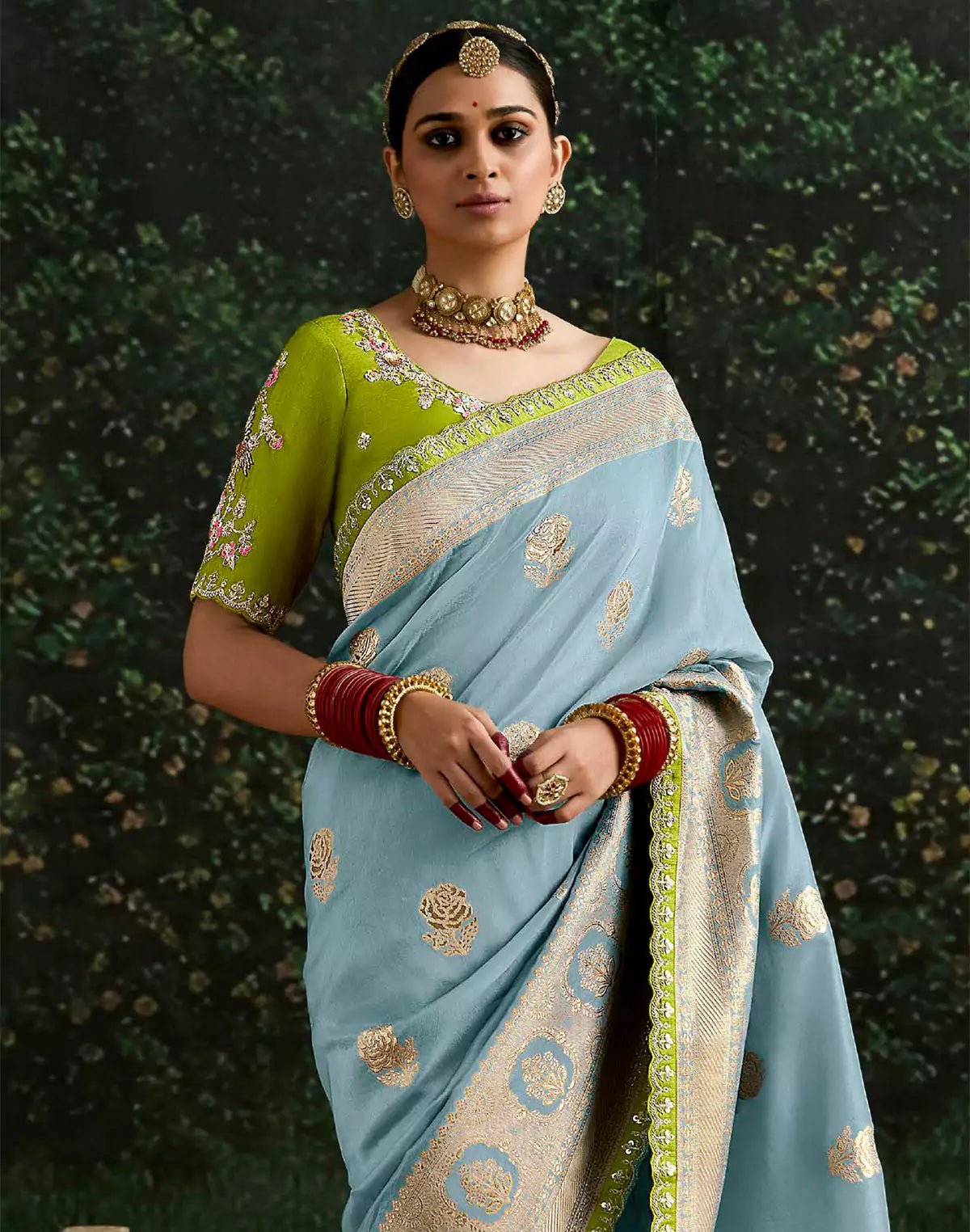 Image of Light Blue Pure Dola Silk Lace Border Saree With Contrast Work Blouse - South India Shopping Mall