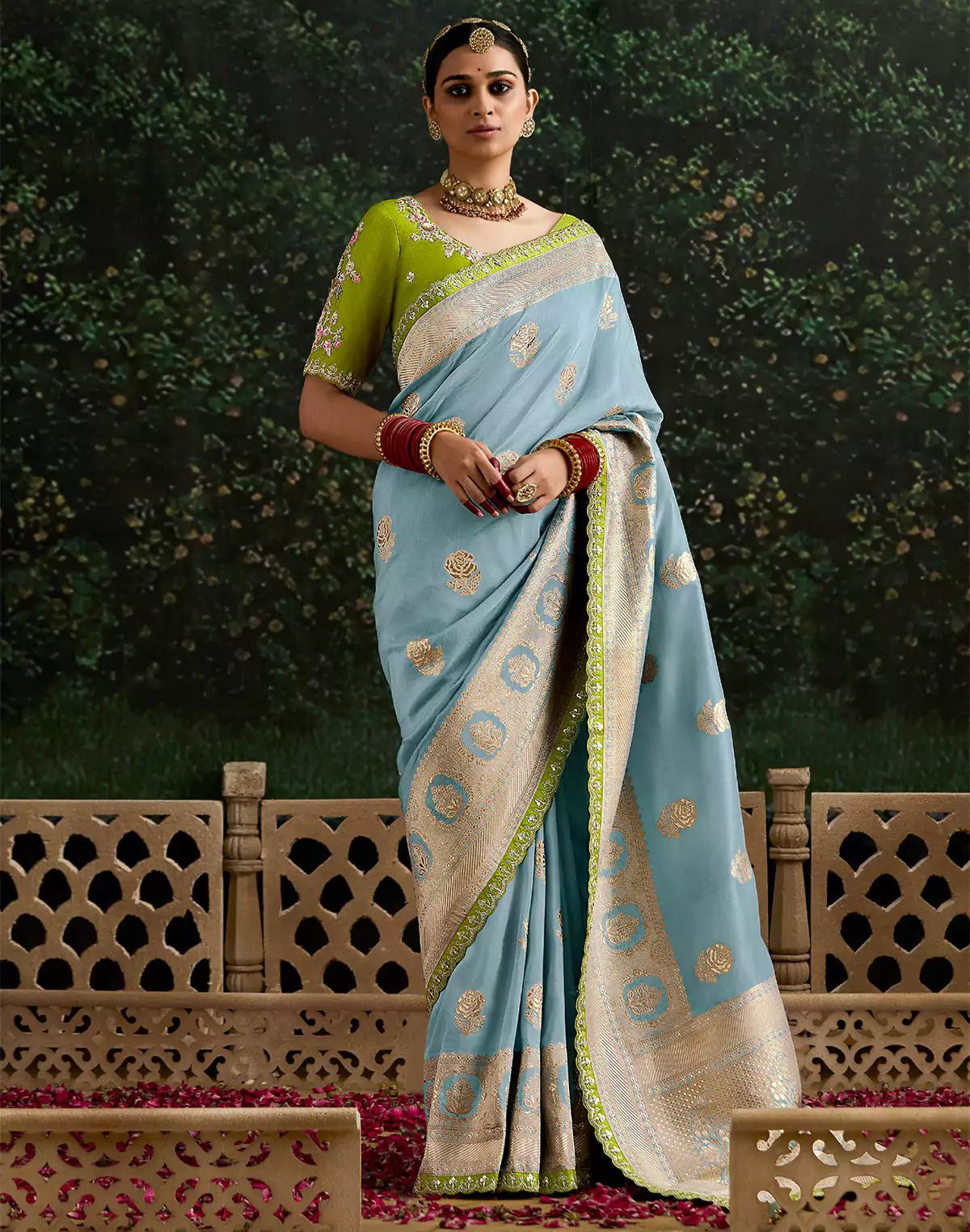 Image of Light Blue Pure Dola Silk Lace Border Saree With Contrast Work Blouse - South India Shopping Mall