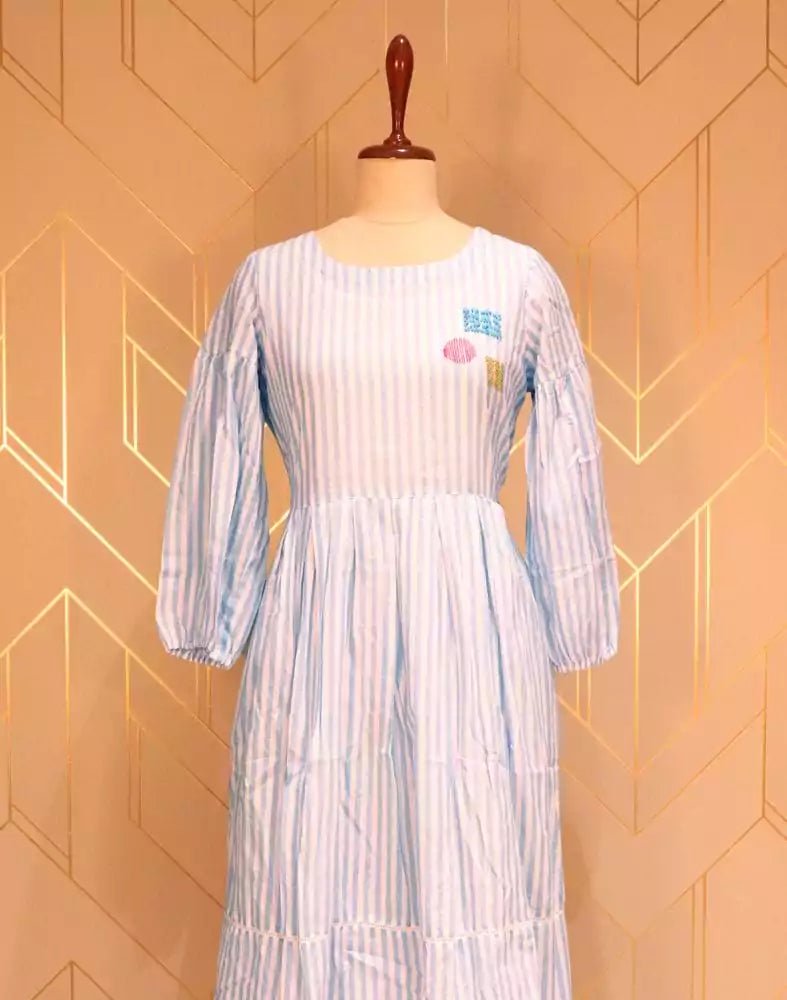 Image of Light Blue Striped Thread Work Cotton Kurti - South India Shopping Mall