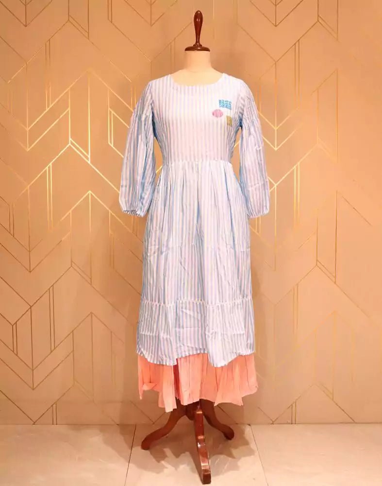 Image of Light Blue Striped Thread Work Cotton Kurti - South India Shopping Mall