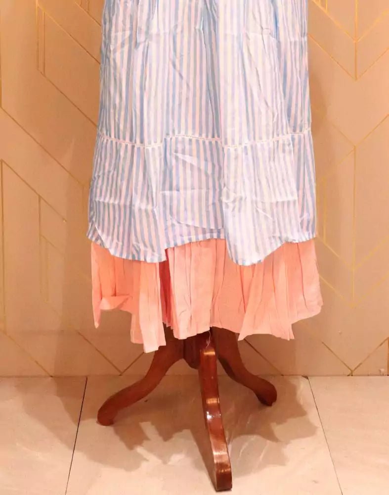 Image of Light Blue Striped Thread Work Cotton Kurti - South India Shopping Mall