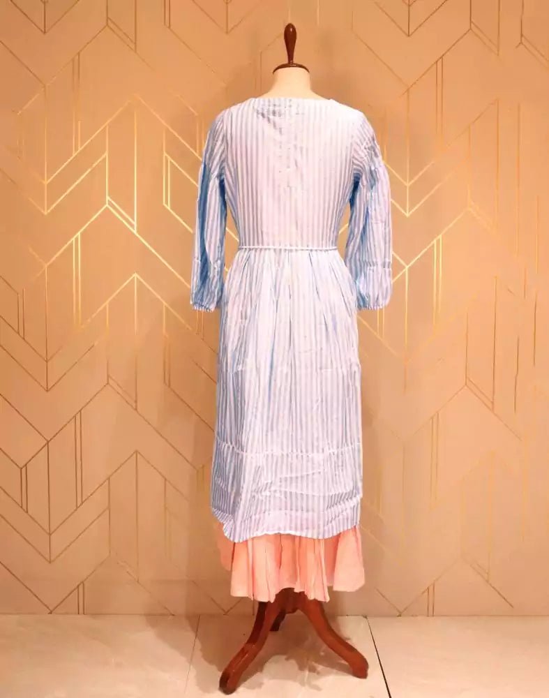 Image of Light Blue Striped Thread Work Cotton Kurti - South India Shopping Mall
