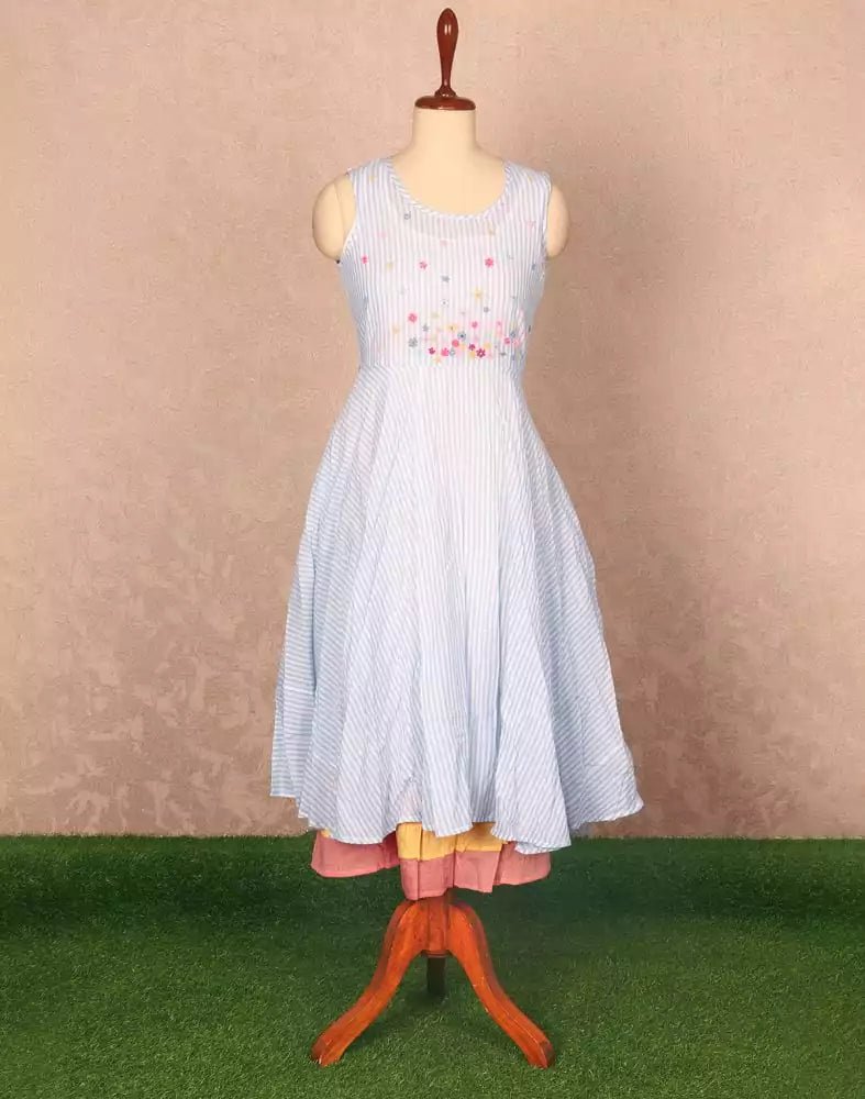 Image of Light Blue Stripes Print Cotton Kurti - South India Shopping Mall