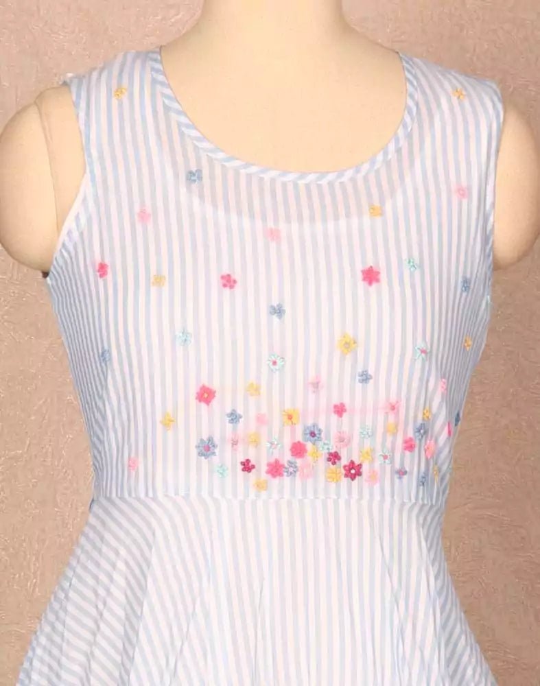 Image of Light Blue Stripes Print Cotton Kurti - South India Shopping Mall