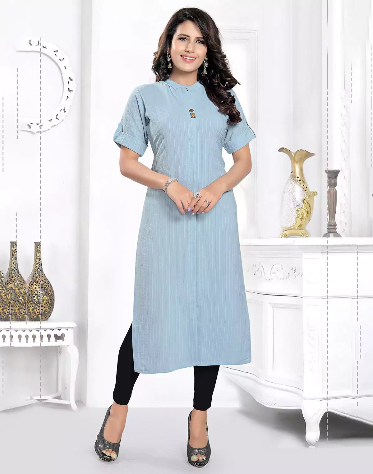 Image of Light Blue Stripes Self Pattern Cotton Silk Kurti - South India Shopping Mall