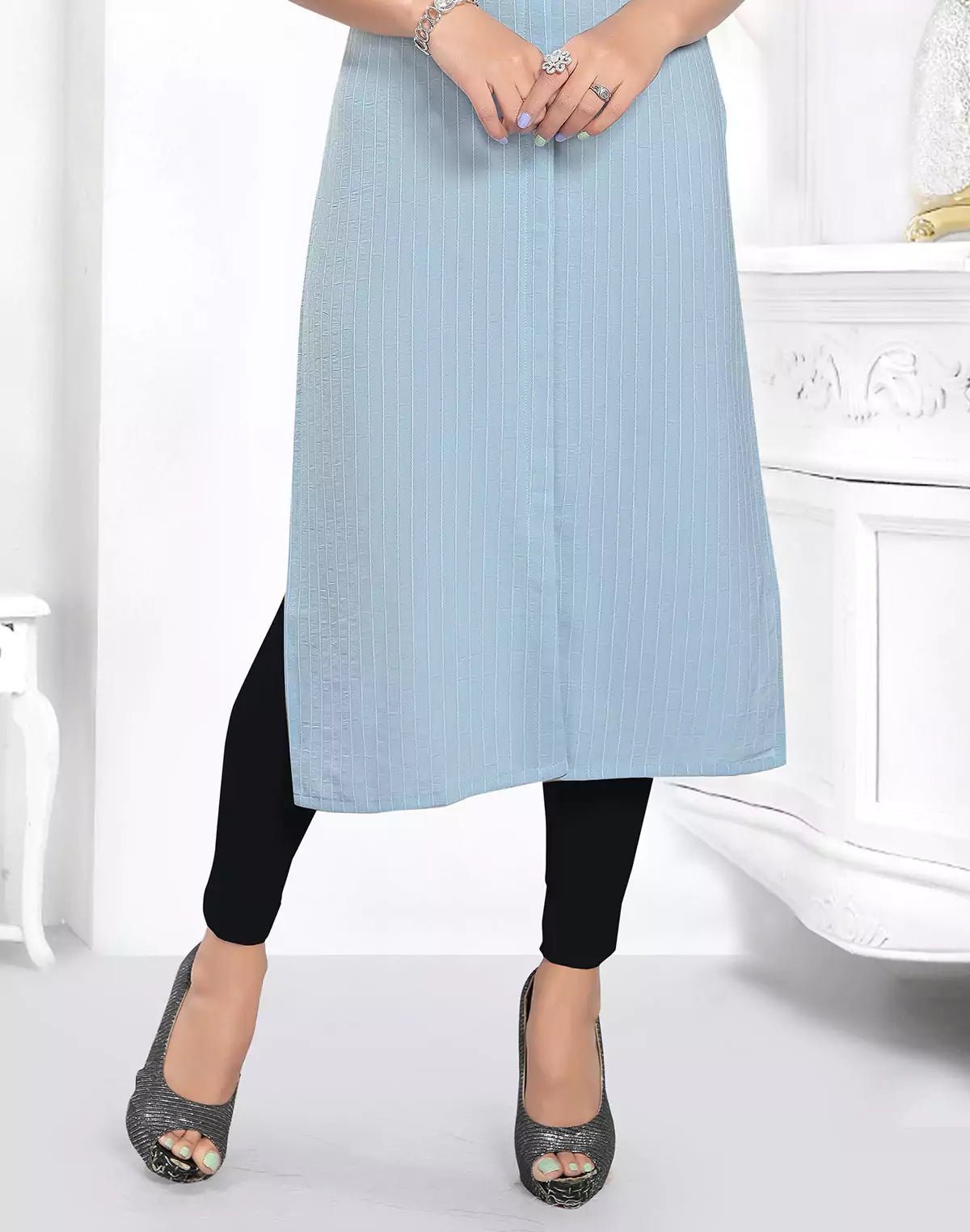 Image of Light Blue Stripes Self Pattern Cotton Silk Kurti - South India Shopping Mall