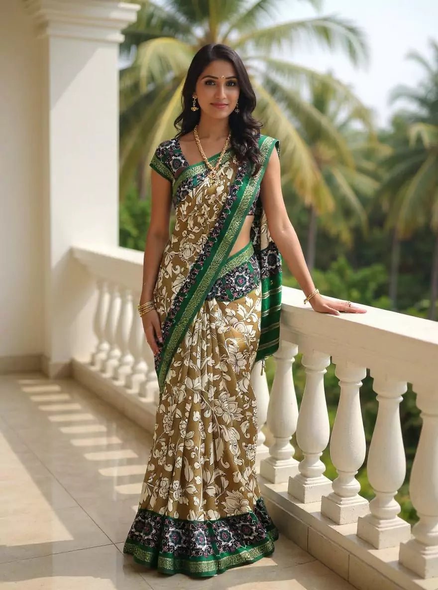 Image of Light Brown Floral Viscose Dola Silk Saree - South India Shopping Mall
