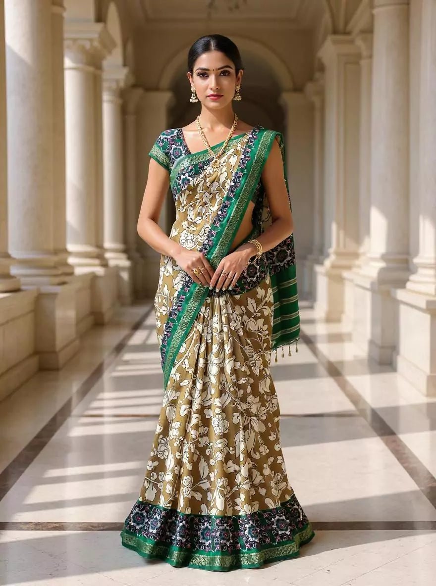 Light Brown Floral Viscose Dola Silk Saree - South India Shopping Mall