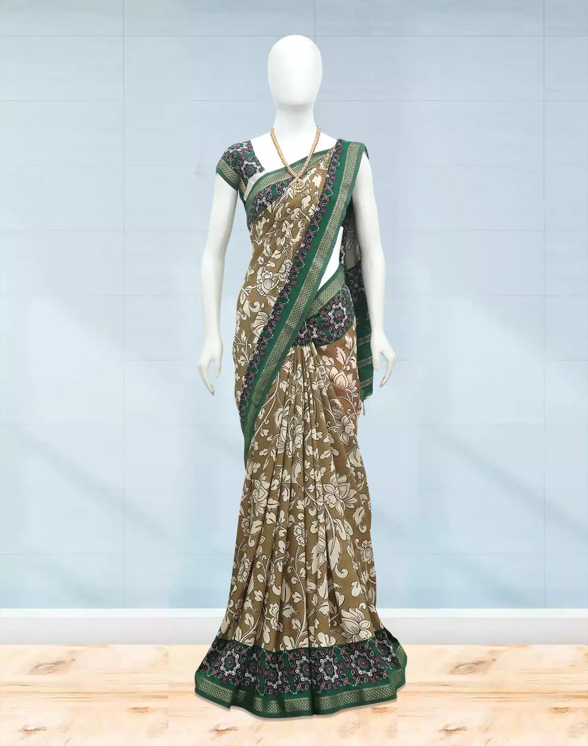 Image of Light Brown Floral Viscose Dola Silk Saree - South India Shopping Mall