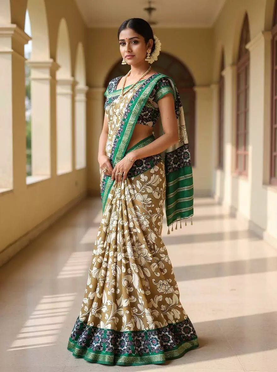 Image of Light Brown Floral Viscose Dola Silk Saree - South India Shopping Mall