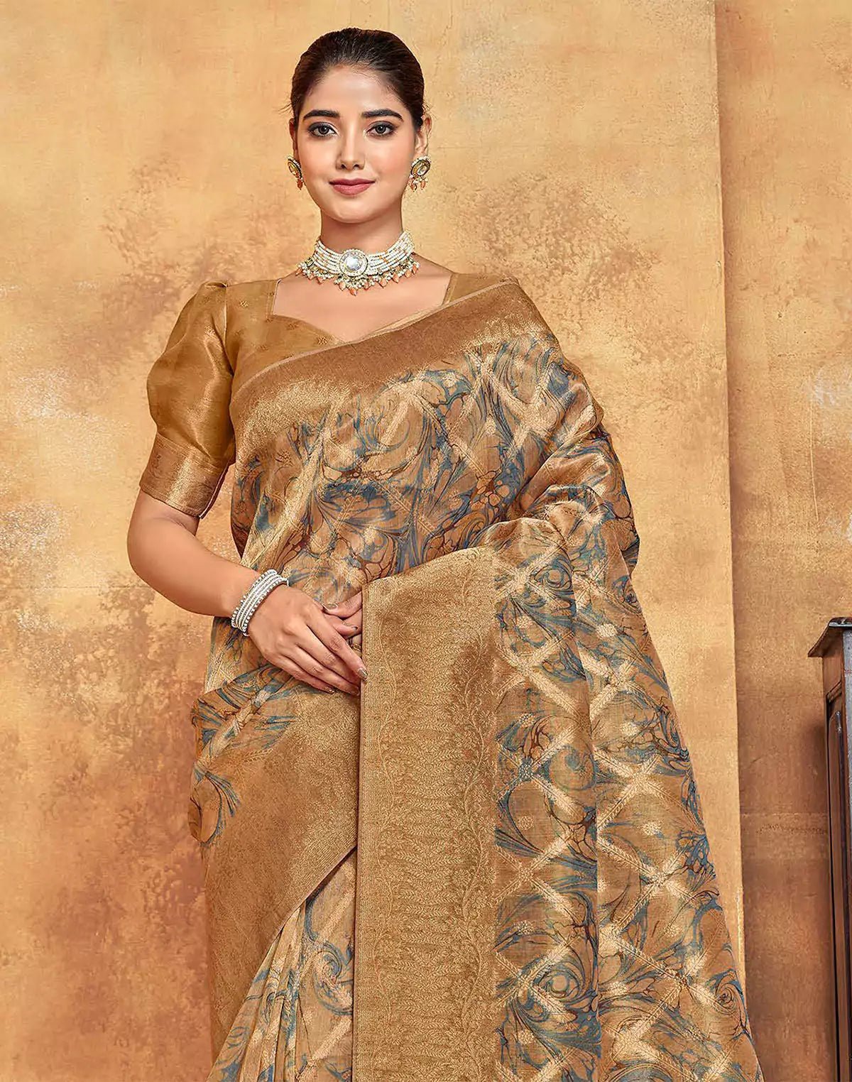 Image of Light Brown Graphic Design Organza Saree - South India Shopping Mall