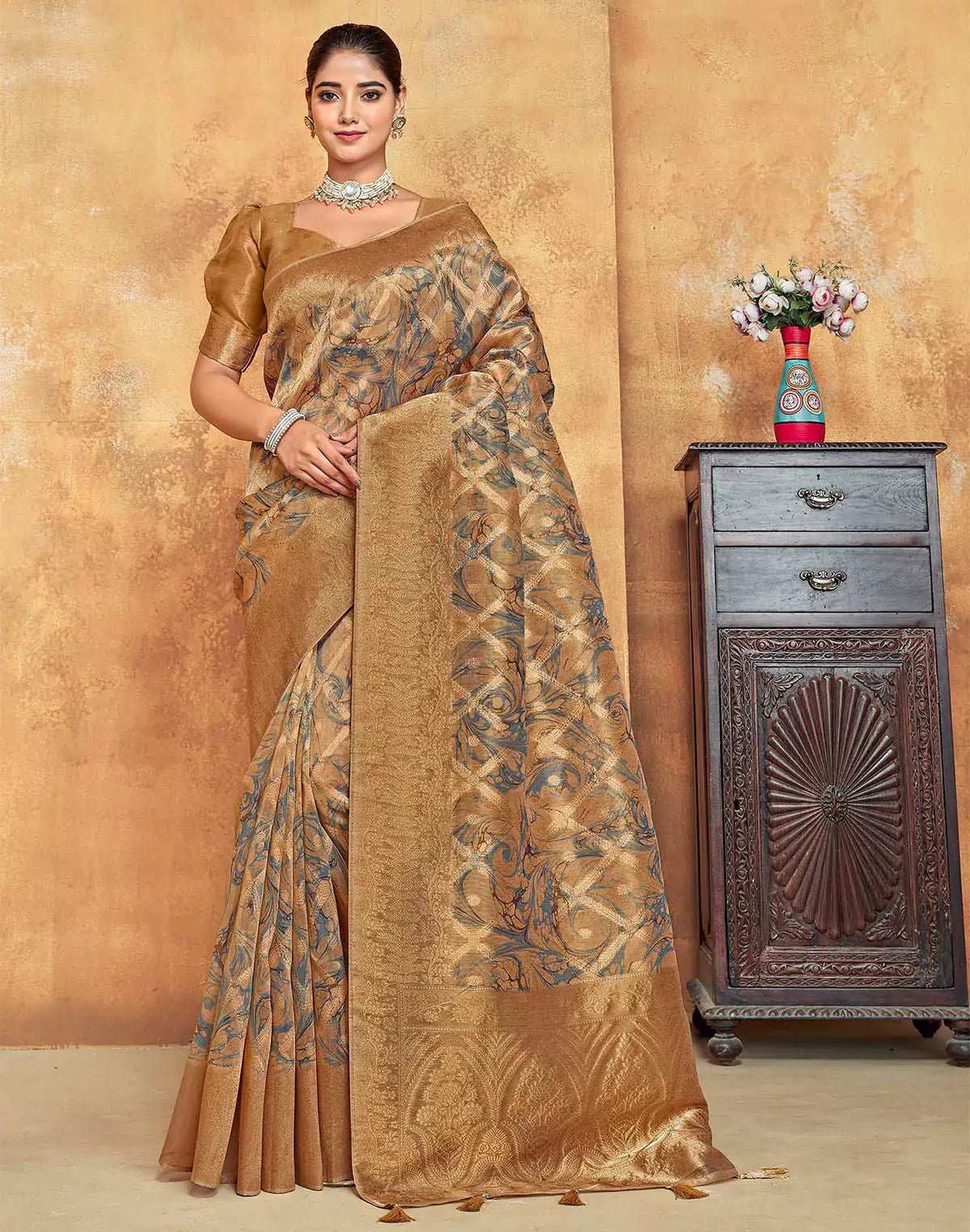 Image of Light Brown Graphic Design Organza Saree - South India Shopping Mall