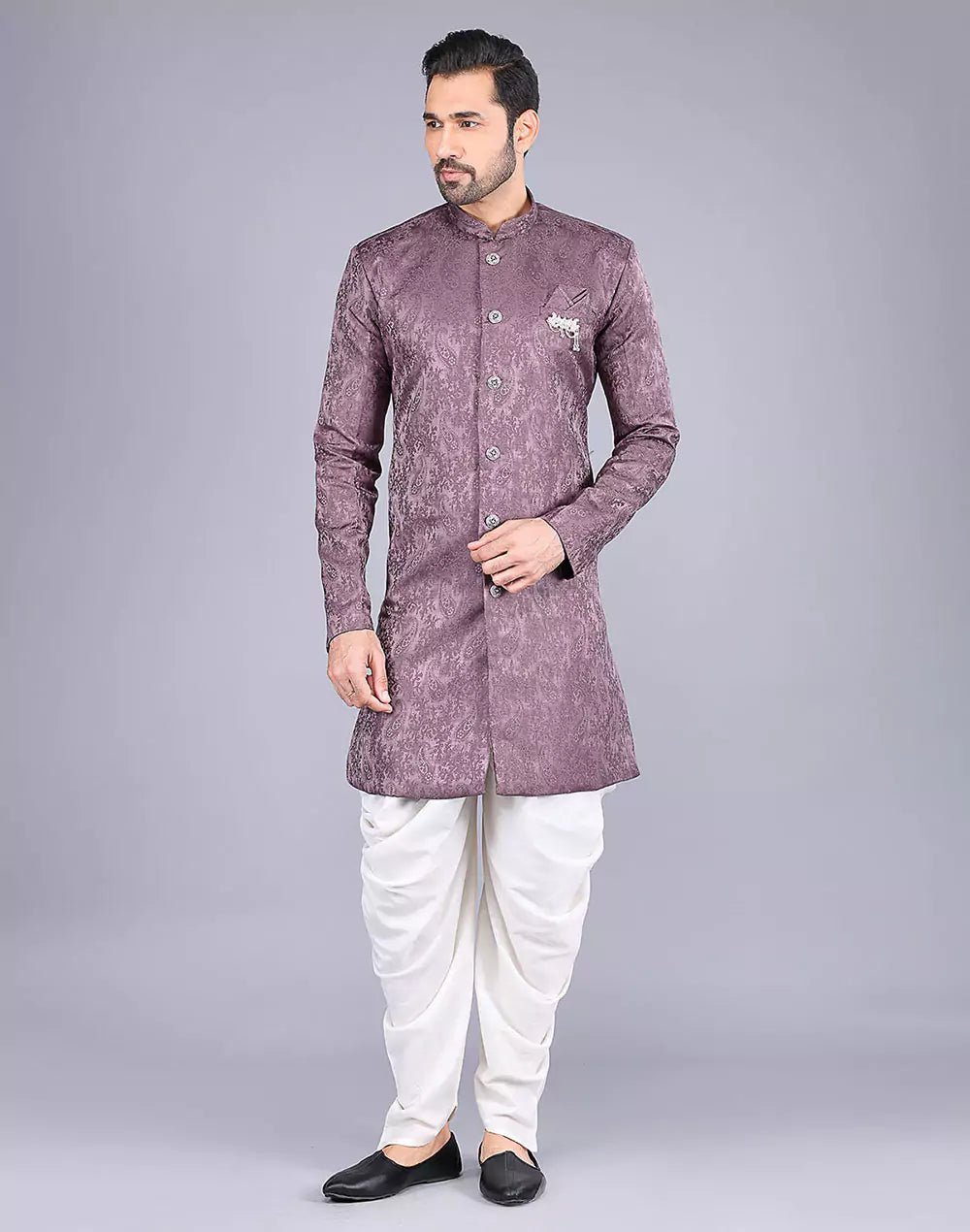 Image of Light Brown Imperial Floral Patterned Jacquard Semi - Indo Style - South India Shopping Mall