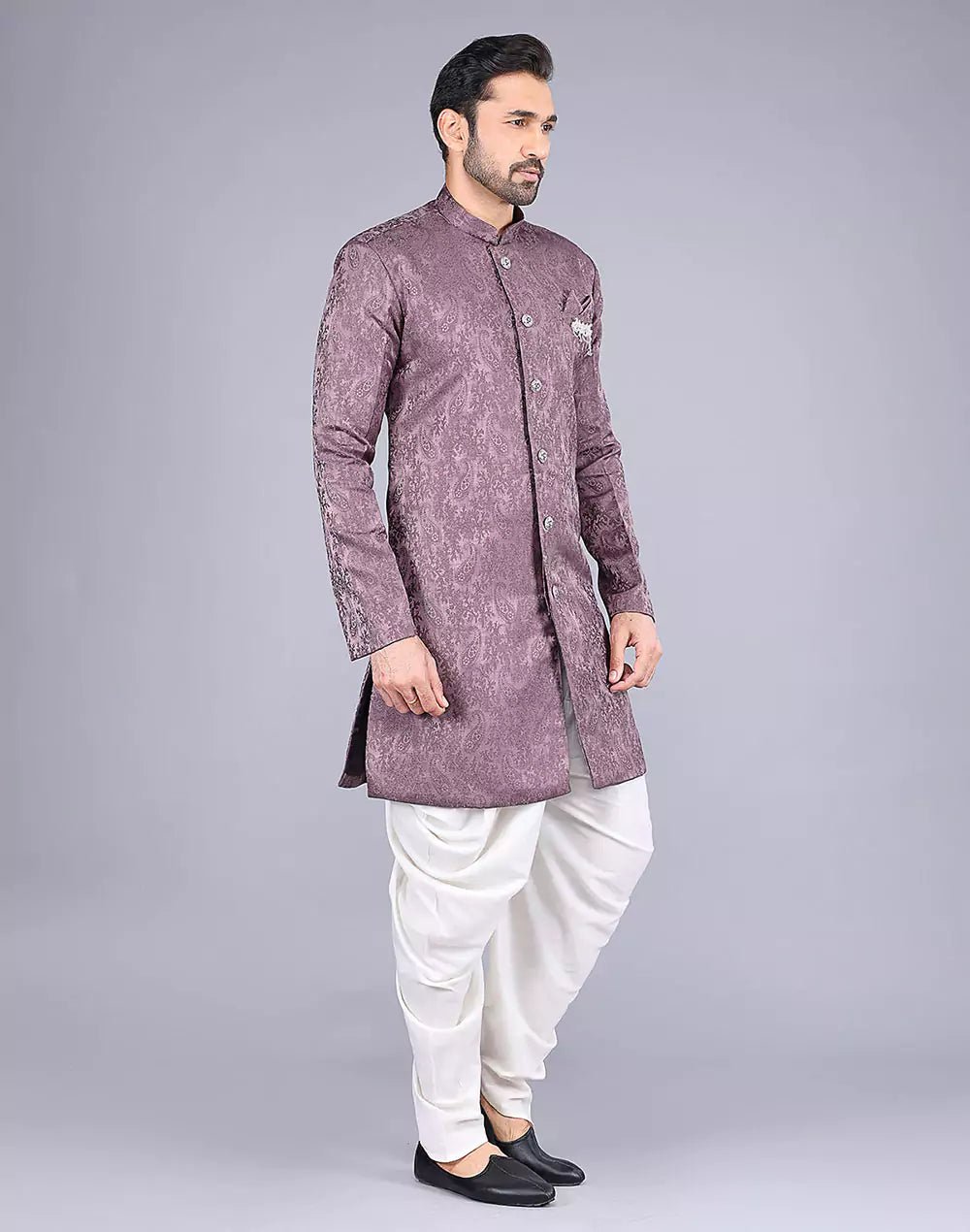 Image of Light Brown Imperial Floral Patterned Jacquard Semi - Indo Style - South India Shopping Mall