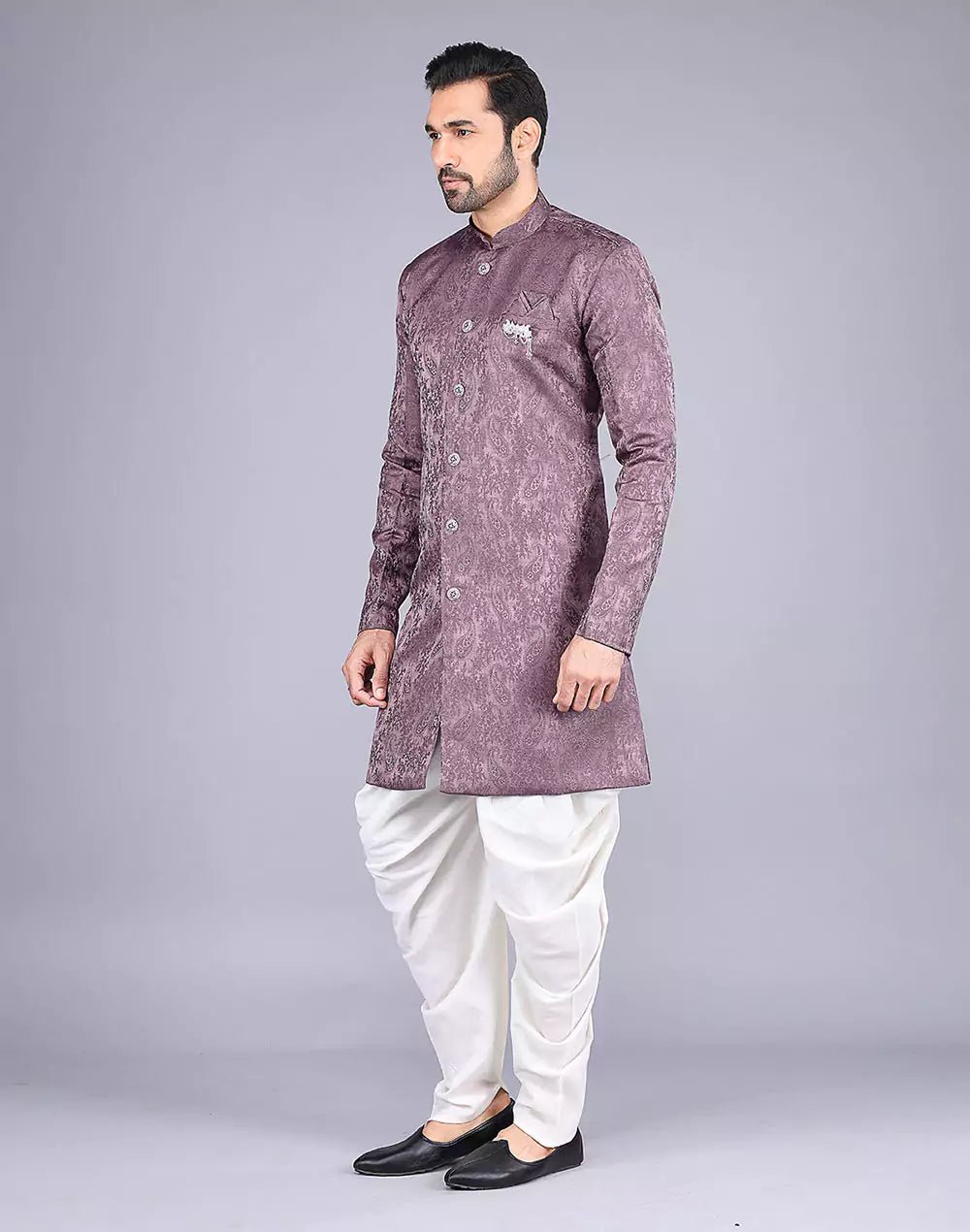 Image of Light Brown Imperial Floral Patterned Jacquard Semi - Indo Style - South India Shopping Mall
