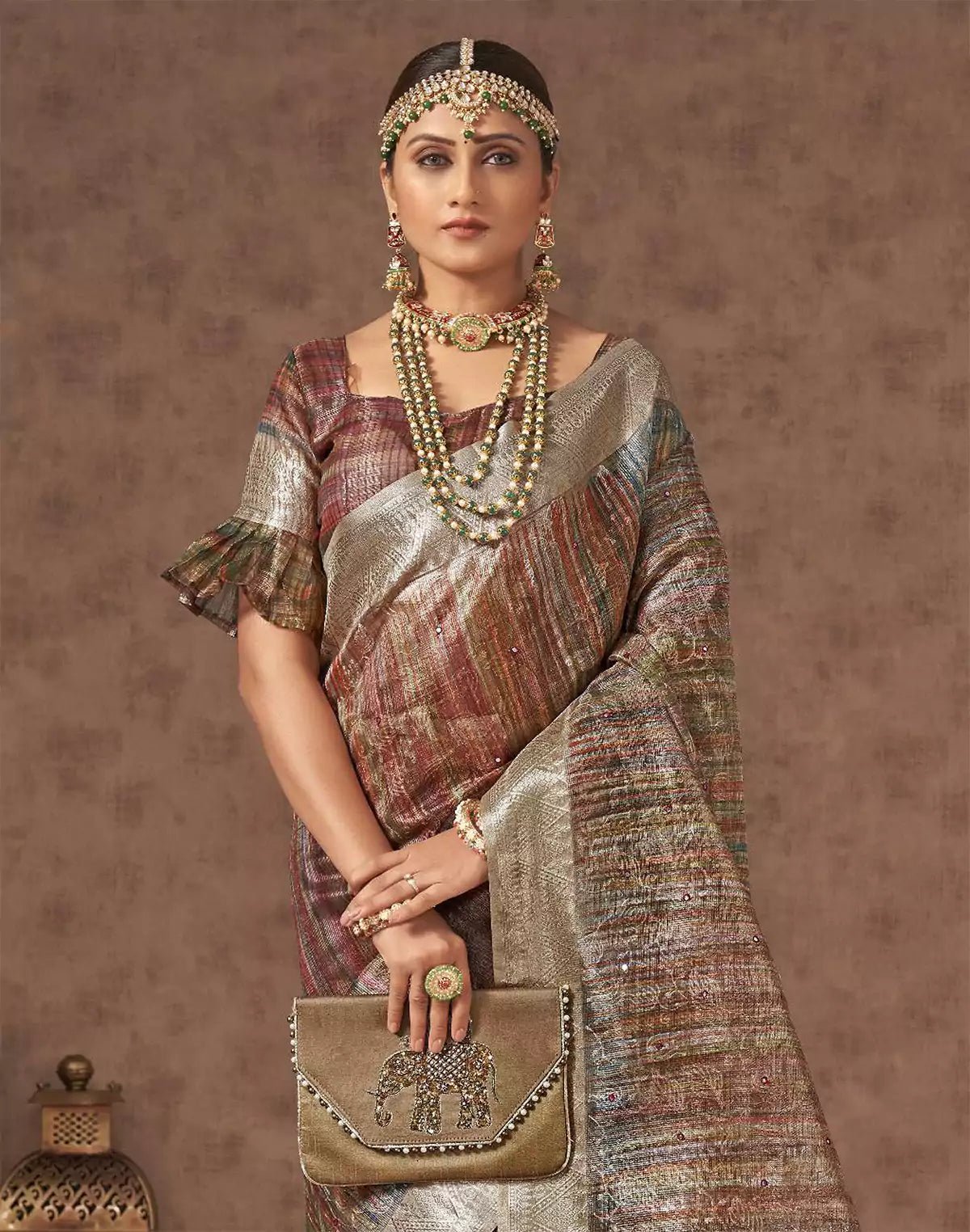 Image of Light Brown Sequence With Mirror Work Organza Saree - South India Shopping Mall