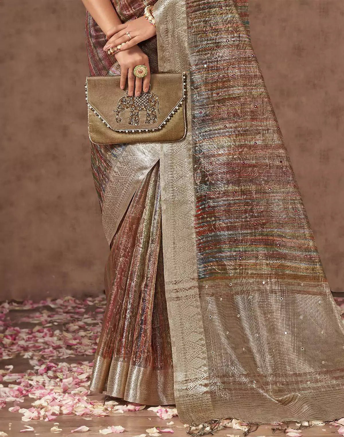 Image of Light Brown Sequence With Mirror Work Organza Saree - South India Shopping Mall