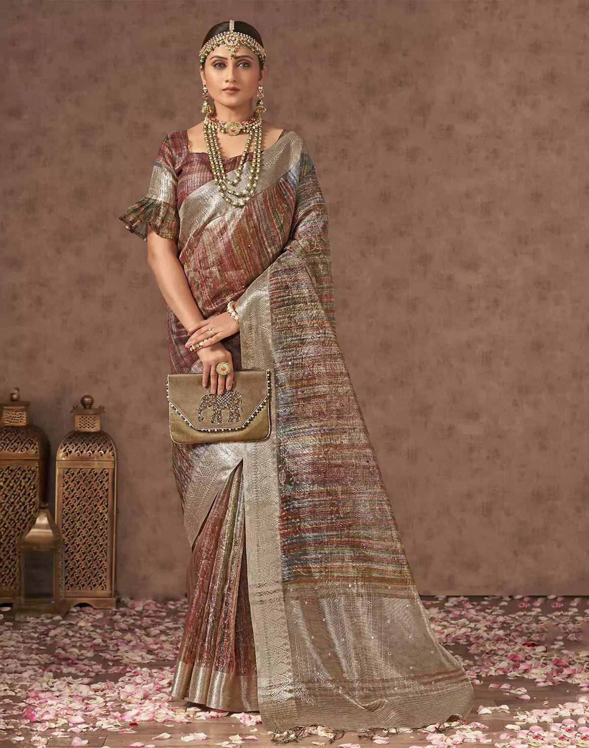 Image of Light Brown Sequence With Mirror Work Organza Saree - South India Shopping Mall