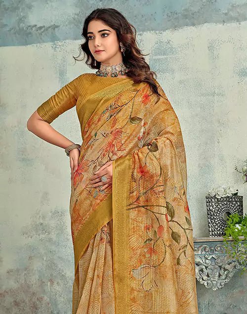 Image of Light Brown Tissue Digital Floral Print Saree - South India Shopping Mall