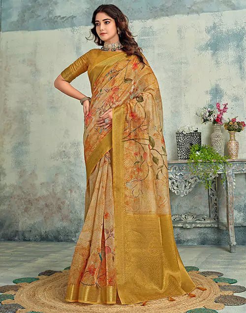 Image of Light Brown Tissue Digital Floral Print Saree - South India Shopping Mall