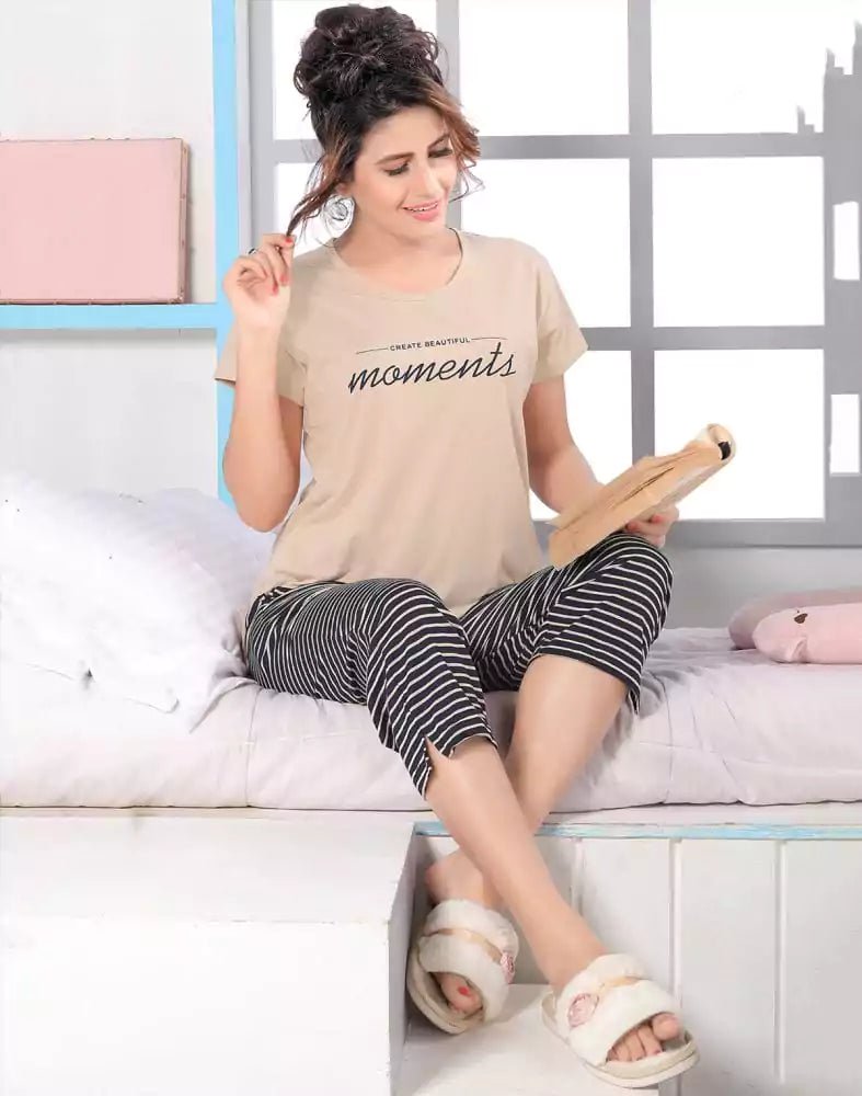 Image of Light Brown Typography Cotton Printed Capri Set - South India Shopping Mall