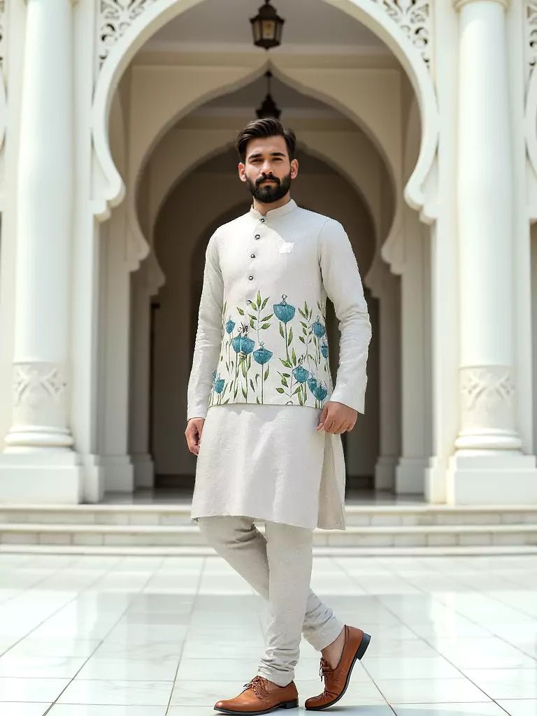 Image of Light Cream Floral Printed Linen Fabric Kurta Jacket Set - South India Shopping Mall