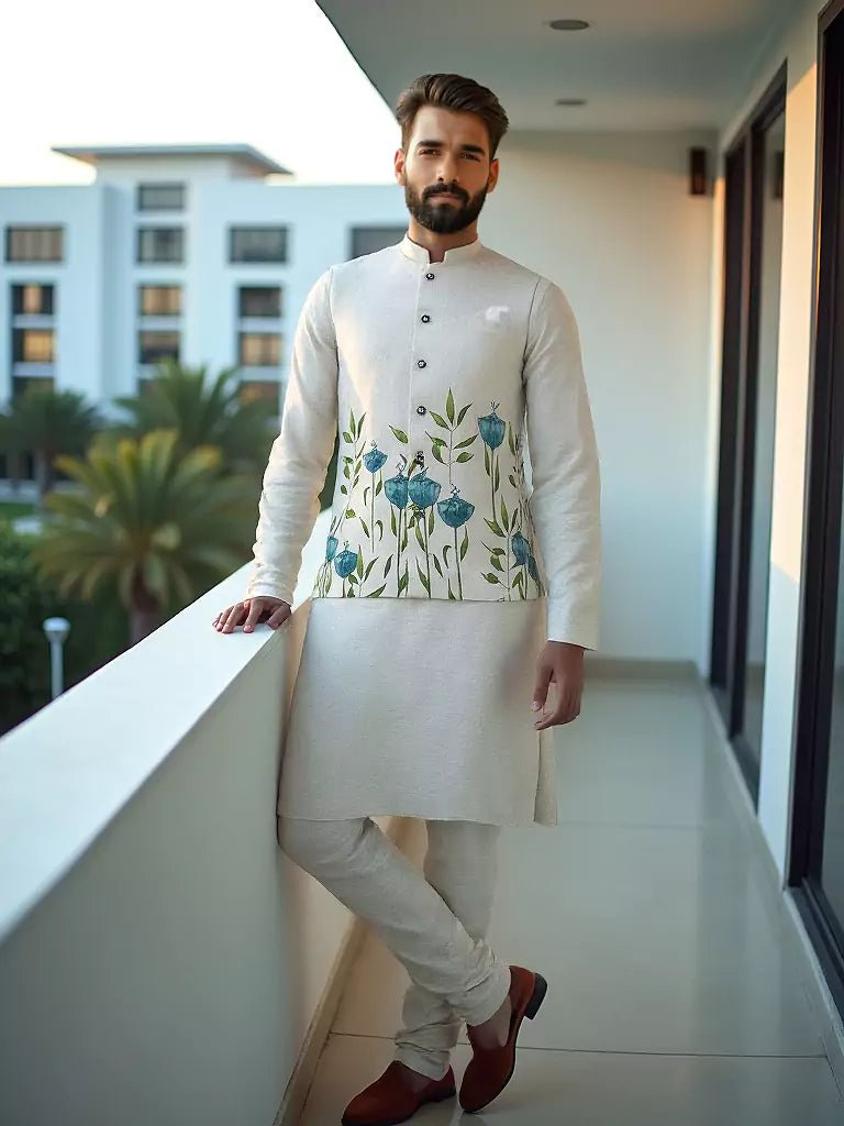 Image of Light Cream Floral Printed Linen Fabric Kurta Jacket Set - South India Shopping Mall