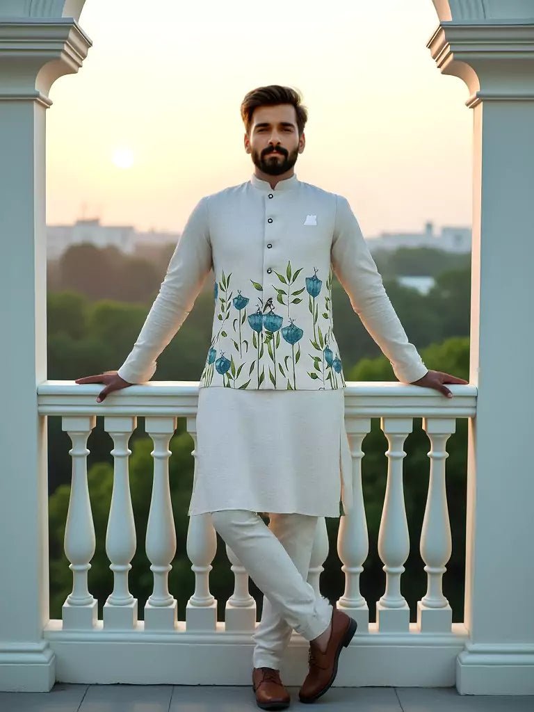 Image of Light Cream Floral Printed Linen Fabric Kurta Jacket Set - South India Shopping Mall