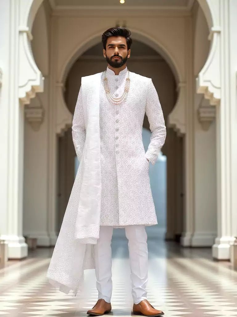 Image of Light Cream Heavy Stones with Pearls work Self Patterned Raw Silk Sherwani Stylish Dupatta - South India Shopping Mall