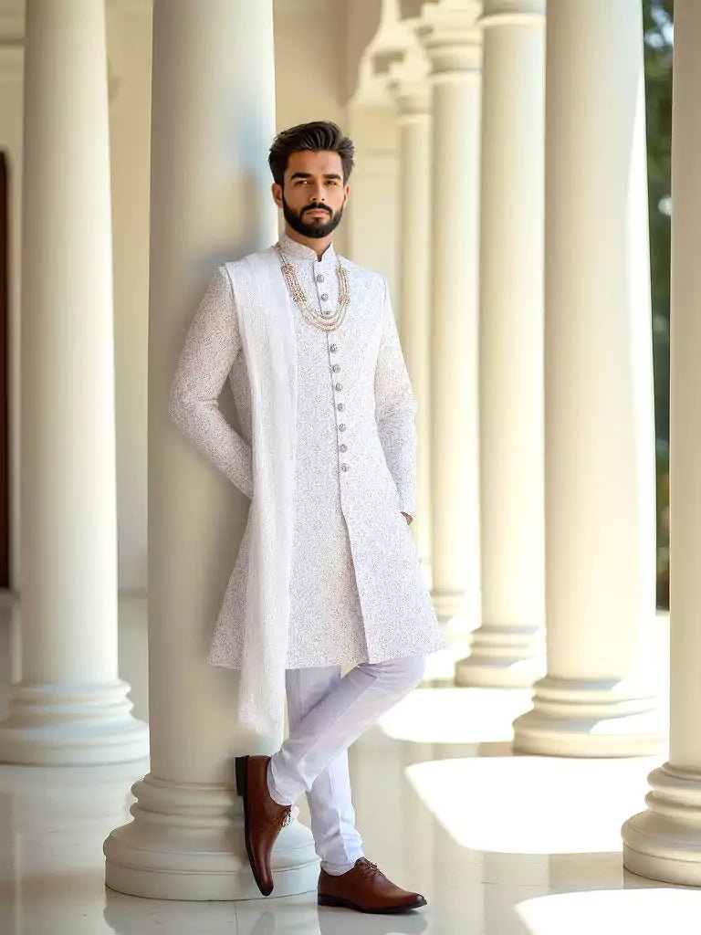 Image of Light Cream Heavy Stones with Pearls work Self Patterned Raw Silk Sherwani Stylish Dupatta - South India Shopping Mall