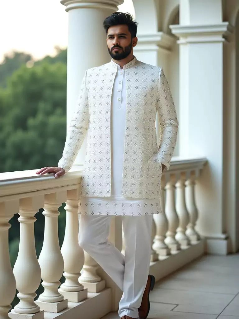 Image of Light Cream Stylish Stones with Embroidery work Georgette Indo Open Style - South India Shopping Mall