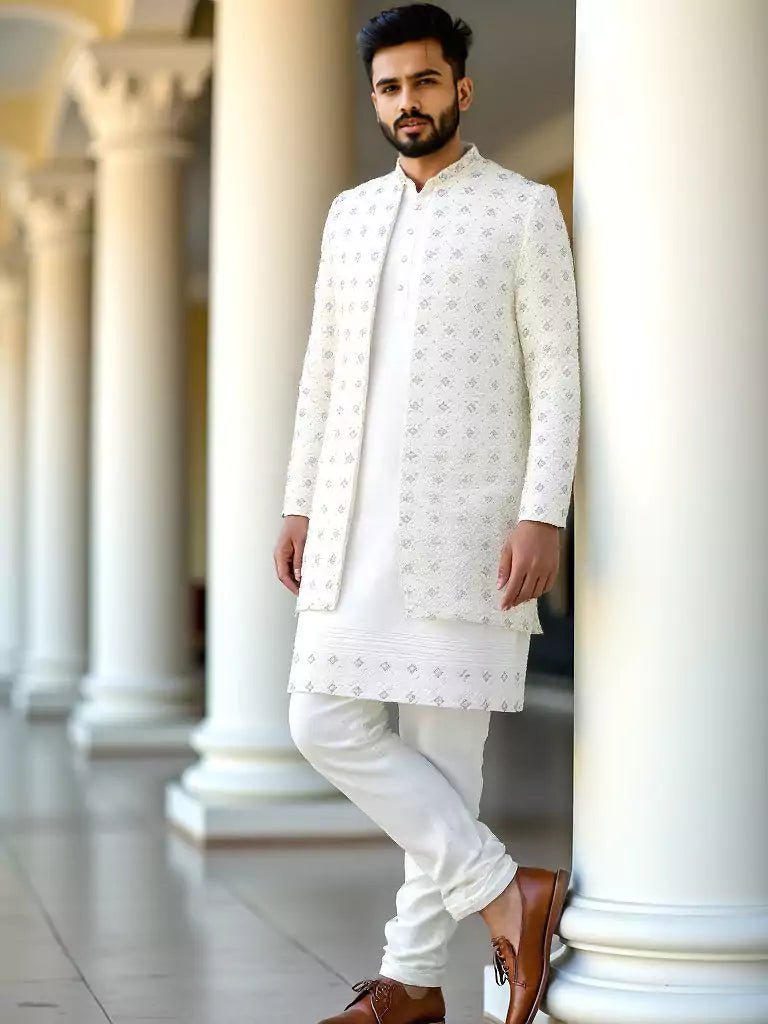 Image of Light Cream Stylish Stones with Embroidery work Georgette Indo Open Style - South India Shopping Mall