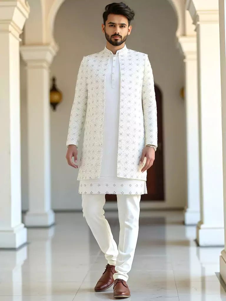 Image of Light Cream Stylish Stones with Embroidery work Georgette Indo Open Style - South India Shopping Mall