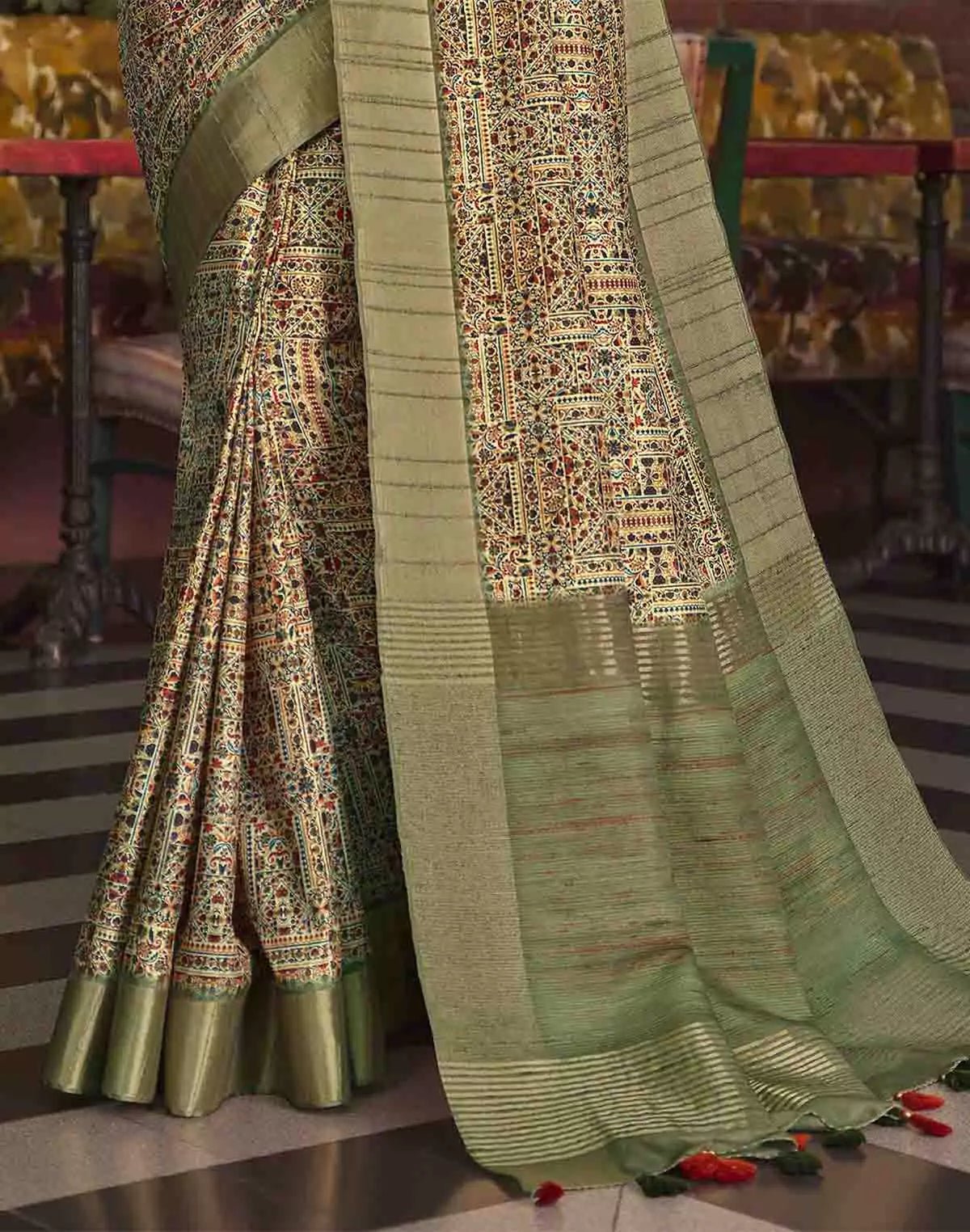 Image of Light Green All Over Digital Print Tussar Silk Saree - South India Shopping Mall