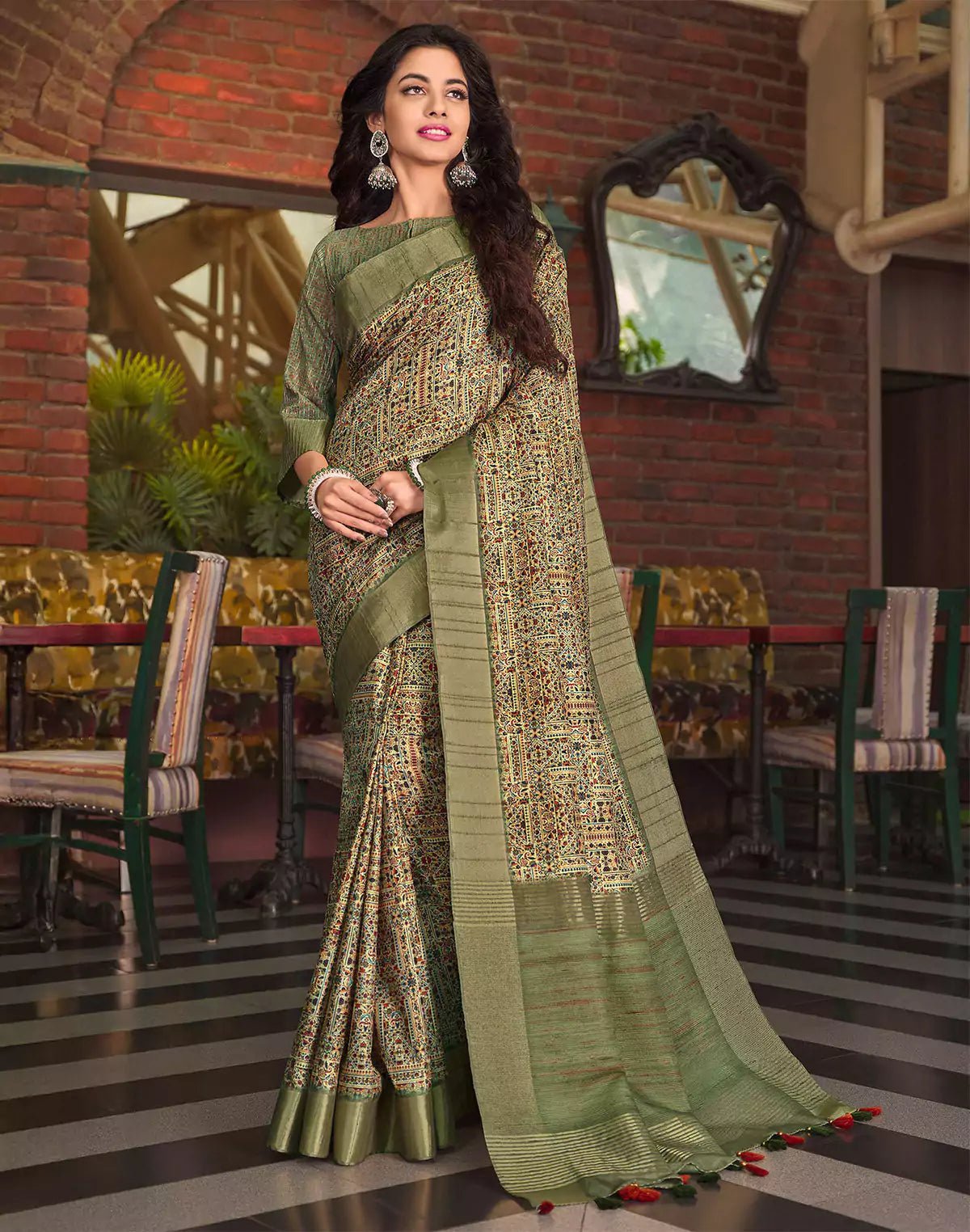 Image of Light Green All Over Digital Print Tussar Silk Saree - South India Shopping Mall