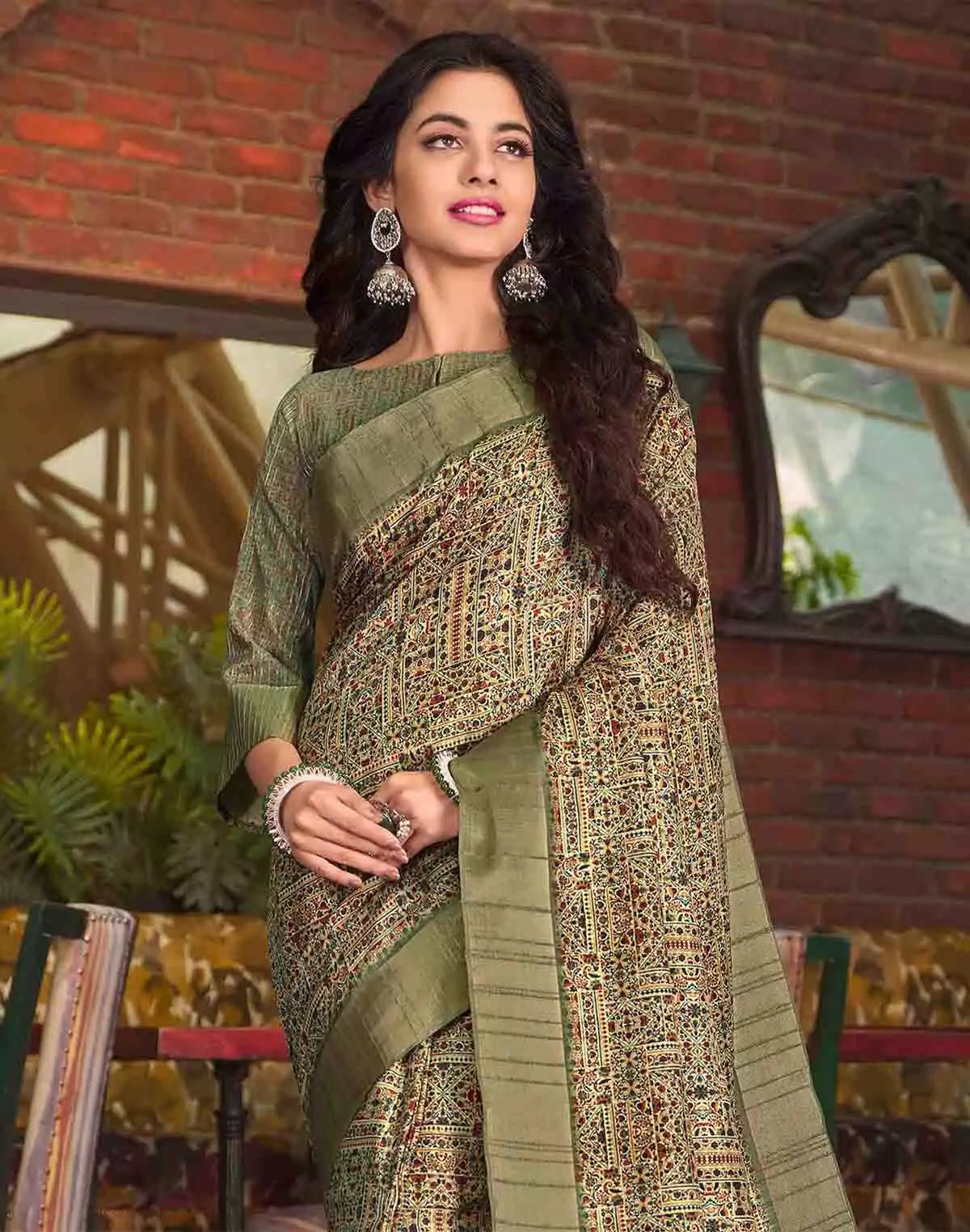 Image of Light Green All Over Digital Print Tussar Silk Saree - South India Shopping Mall