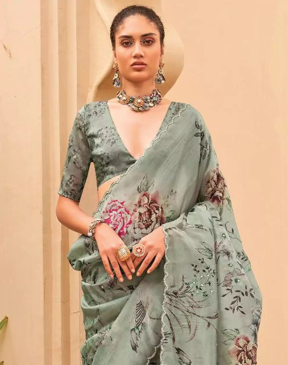 Image of Light Green All Over Floral Printed Party Wear Organza Saree - South India Shopping Mall