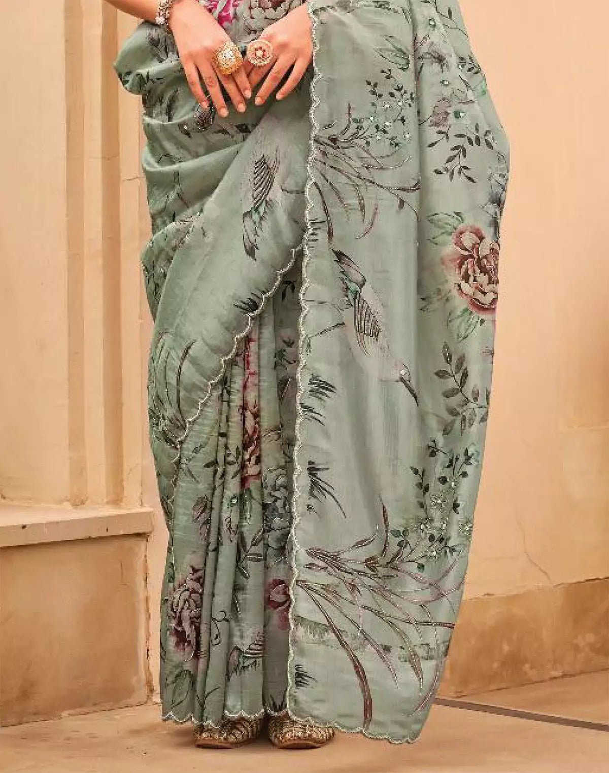 Light Green All Over Floral Printed Party Wear Organza Saree - South India Shopping Mall