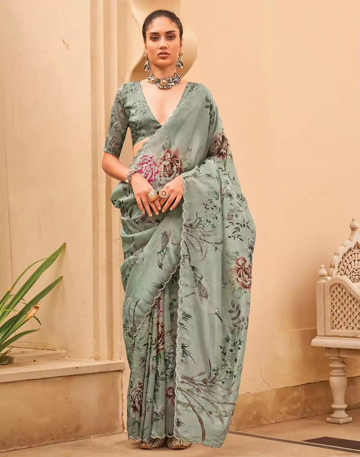 Light Green All Over Floral Printed Party Wear Organza Saree - South India Shopping Mall