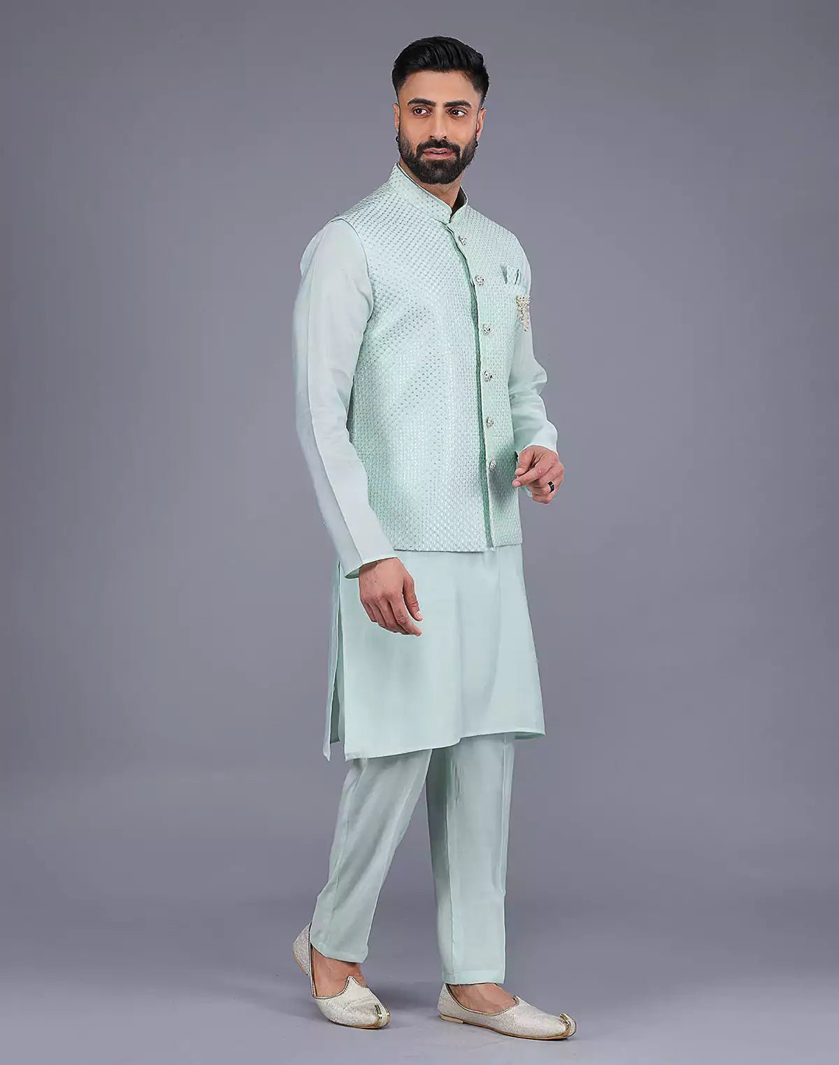 Image of Light Green All Over Self Design Sequence Work Kurta Jacket Set - South India Shopping Mall